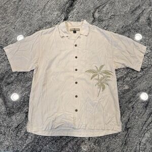 Tommy Bahama Mens Medium Button Up Hawaiian Shirt 100% Silk Tan Palm Tree